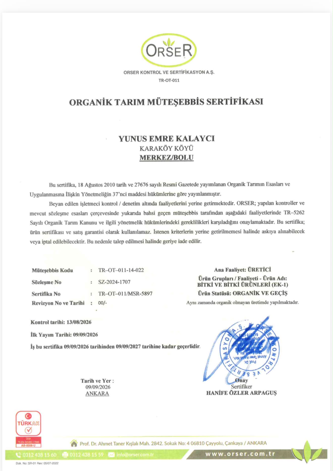 Yunus Emre Kalaycı adına düzenlenen ORSER organik tarım müteşebbis sertifikasının önizlemesi